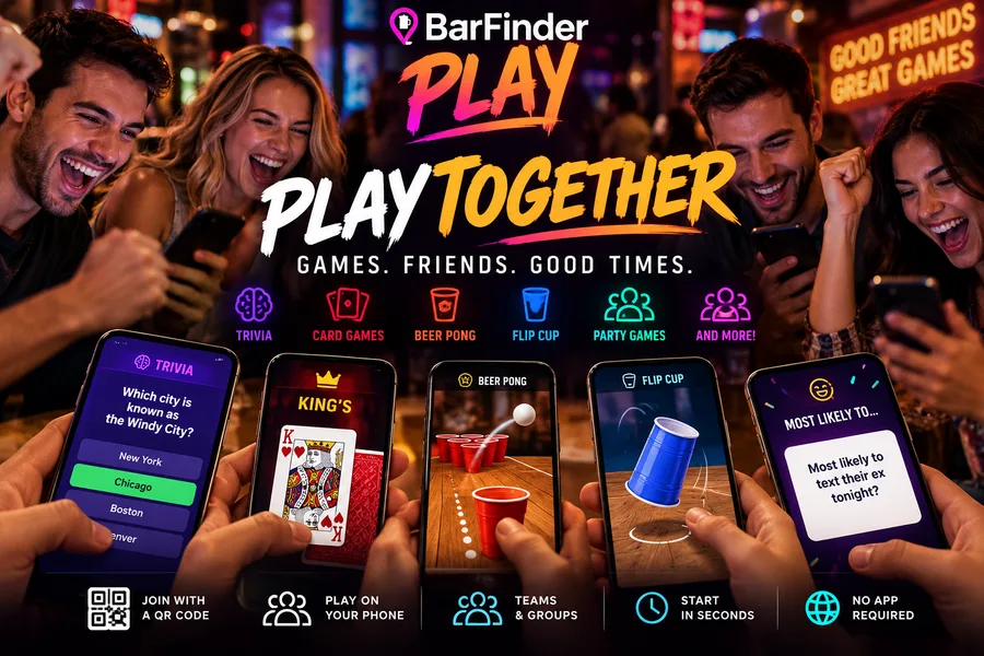 BarFinder Play: party and trivia games, playable solo pass-around or in a live multiplayer room
